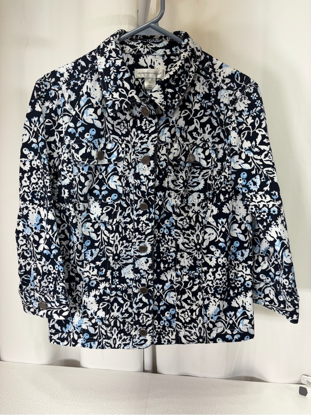Christopher & Banks Navy, White & Light Blue Floral Utility Jacket 3530